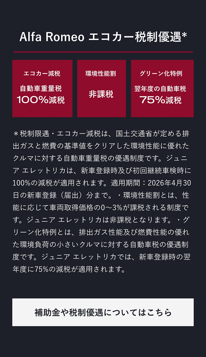 Alfa Romeo エコカー税制優遇 補助金や税制優遇についてはこちら